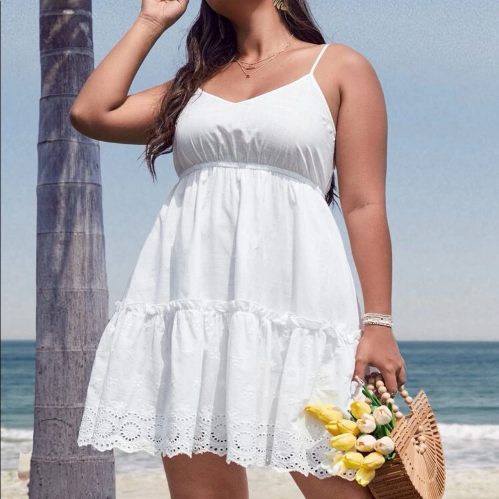 White Beachy Frilled Eyelet Embroidered Cami Dress NWOT